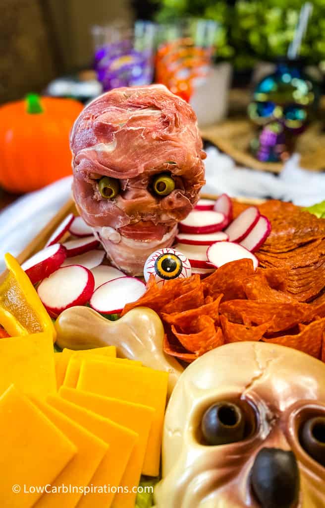 Halloween Skeleton head display on a charcuterie board