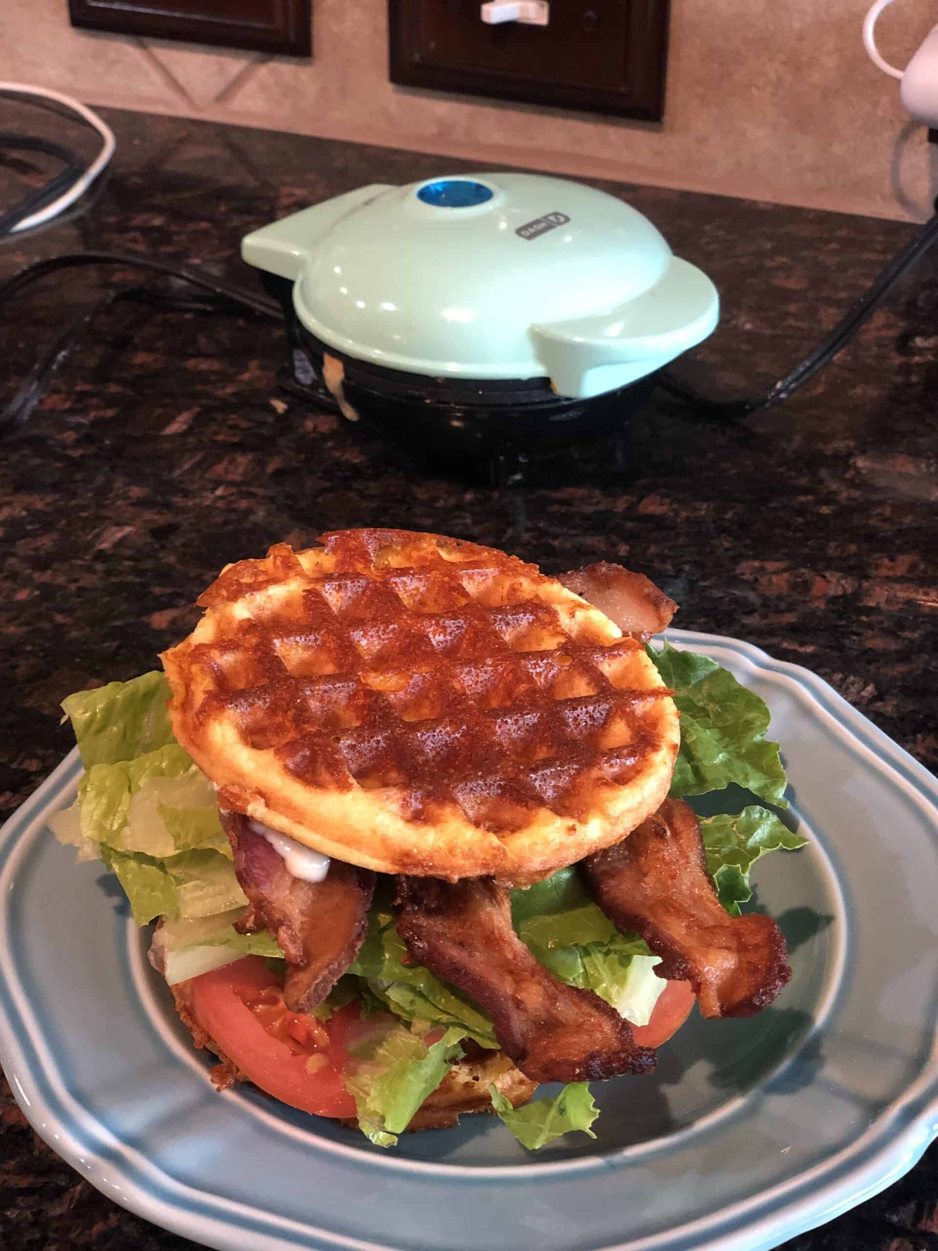 Keto Lunch Ideas are homemade chaffle blt sandwich