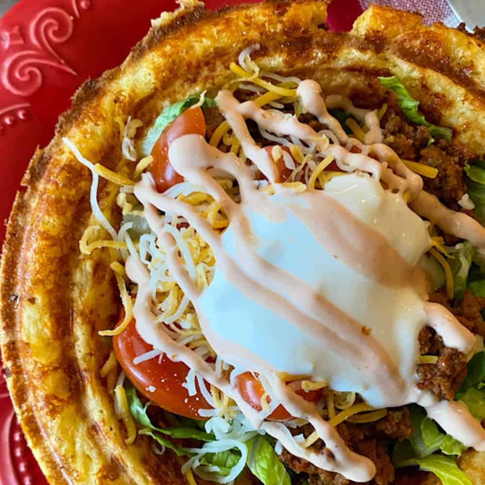 Taco salad cheese bowl close up