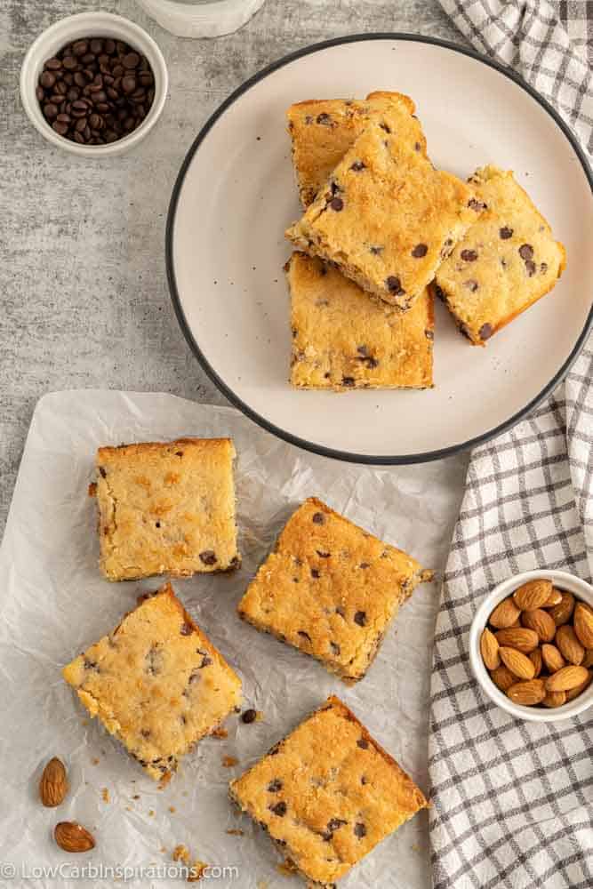 overhead photo of keto blondies on a table and plate