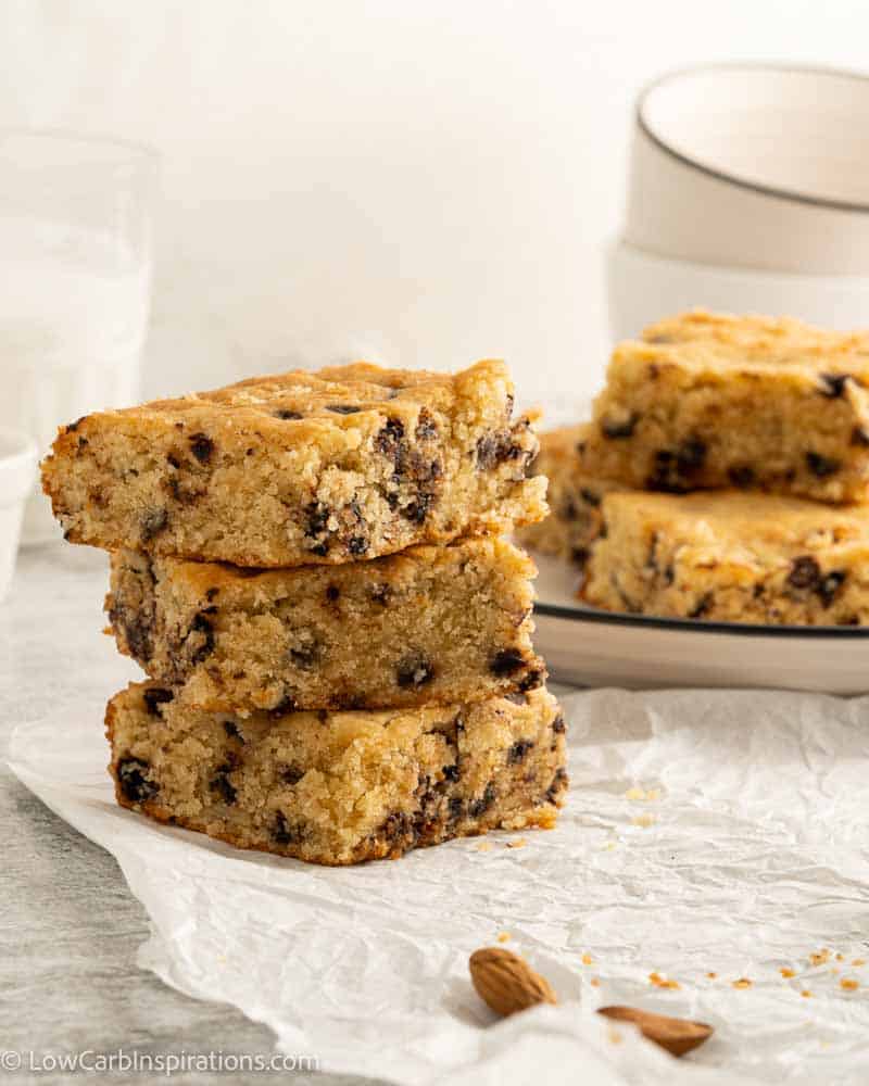 stacked close up photo of keto blondies on a table
