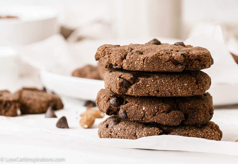 close up of keto chocolate cookies on parchment paper