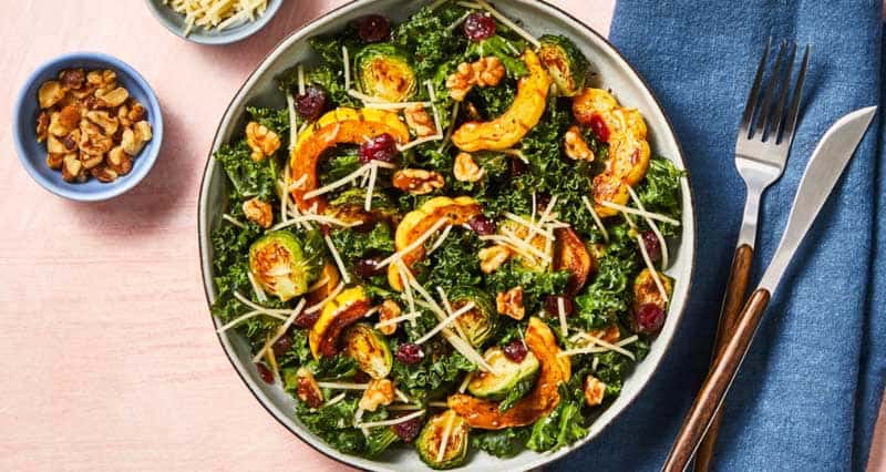 Fall Harvest Kale Salad with Brussels Sprouts, Delicata Squash and Dijon Dressing