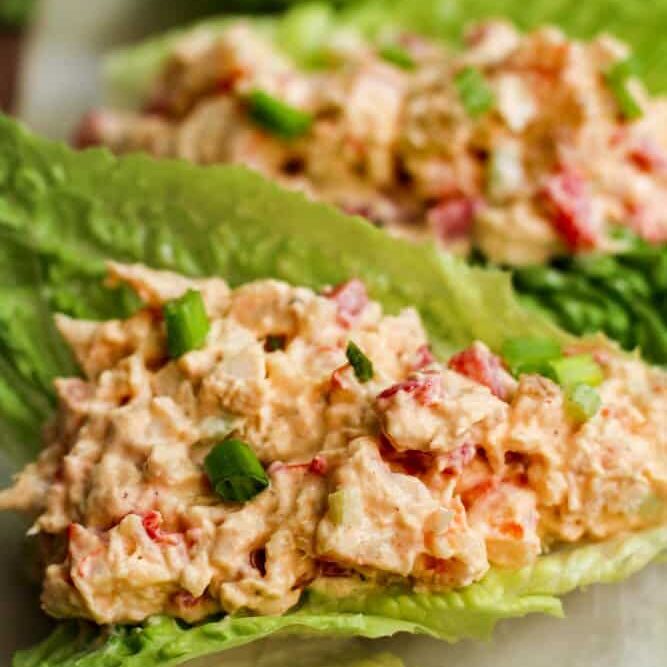 Best Chicken Salad with Shrimp Recipe on Lettuce Boats on tray